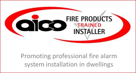 Logo of Aico Fire Products Trained Installer with text promoting professional fire alarm system installation in dwellings.