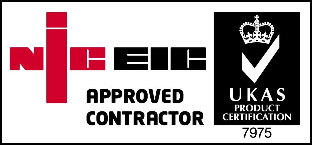 NICEIC Approved Contractor logo next to UKAS Product Certification logo with number 7975.